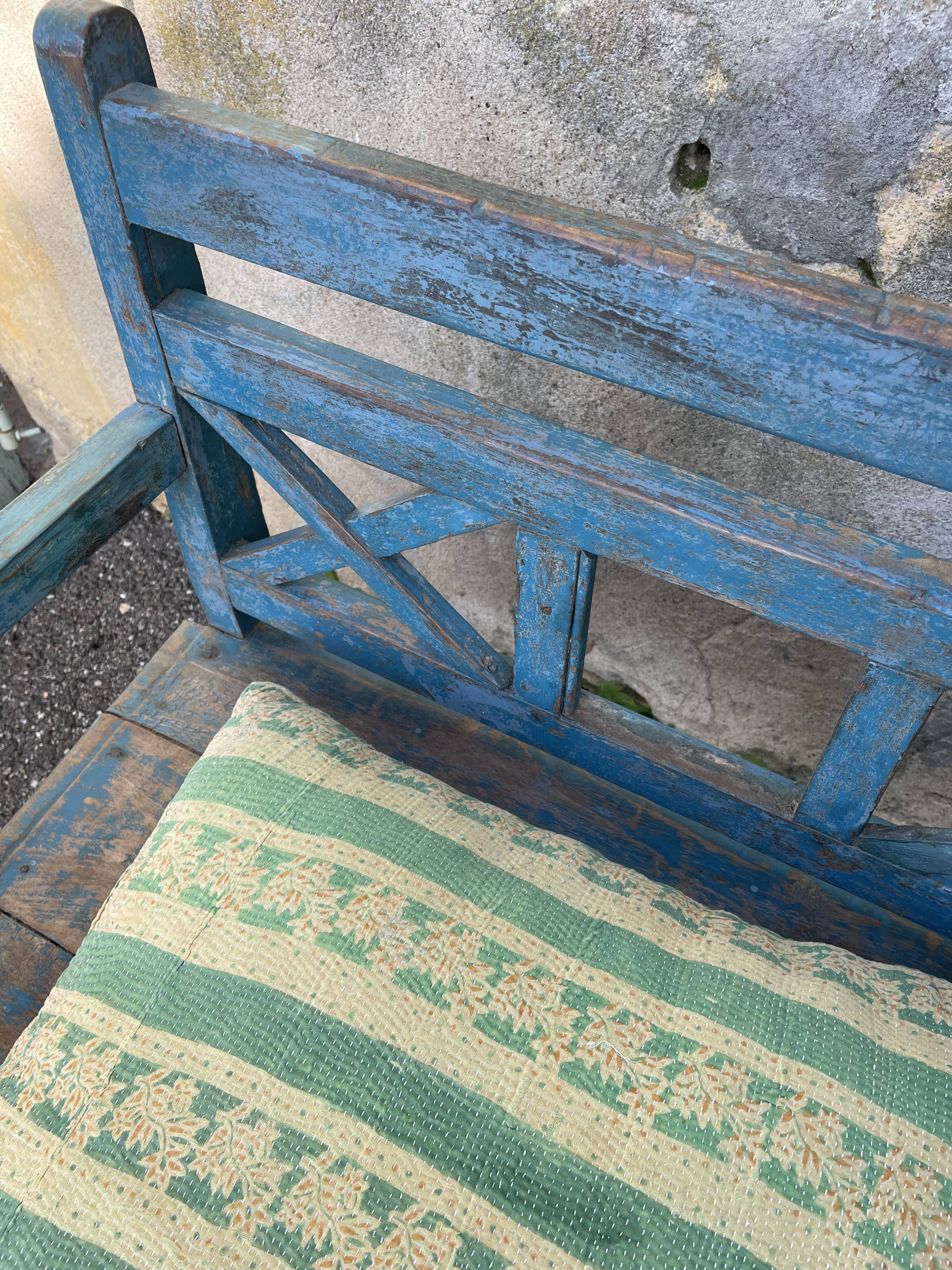 Indian bench in blue lacquered teak