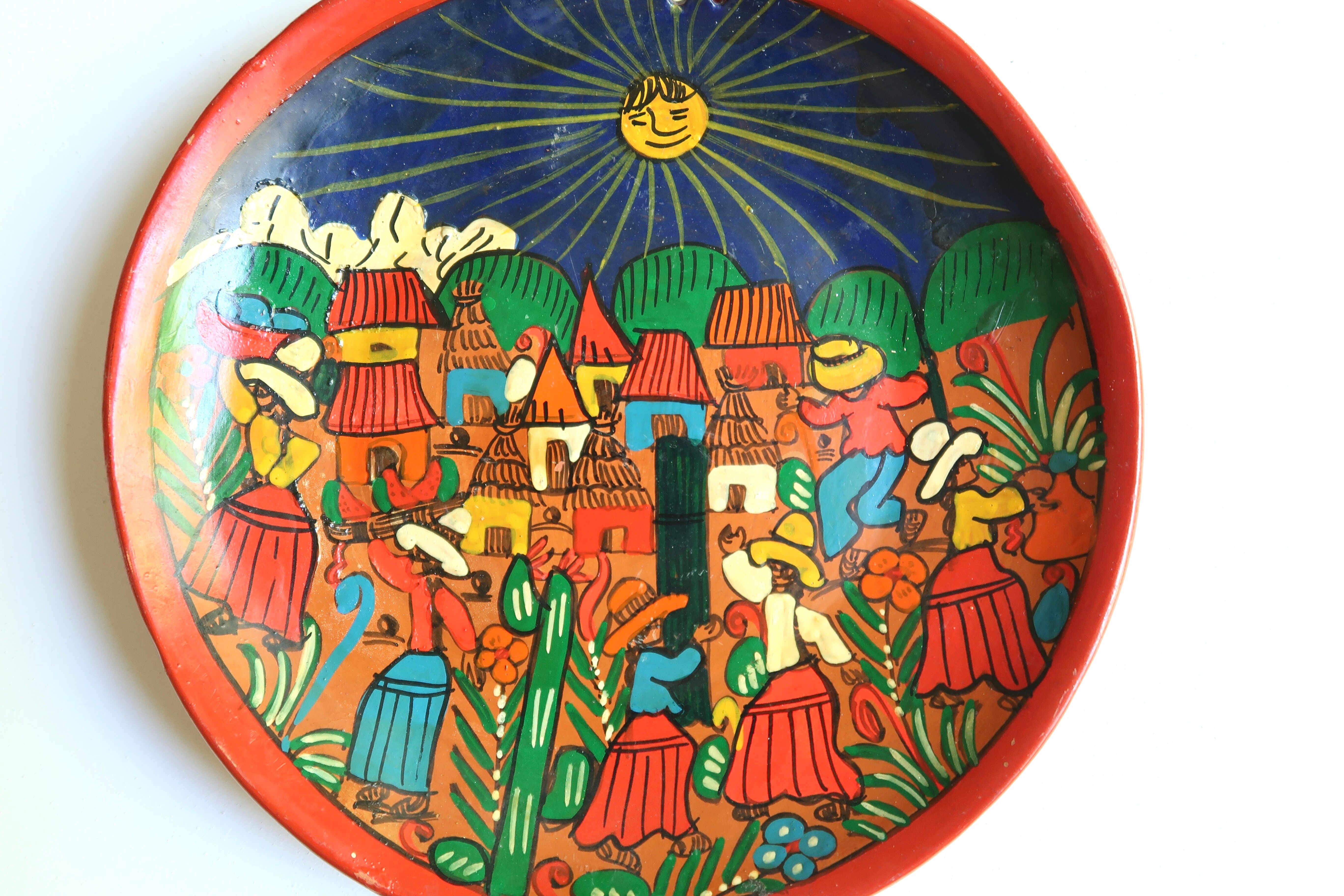Mexican wall plate in painted terracotta, 70s