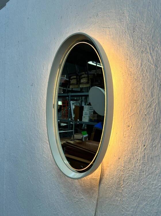Vintage Oval Mirror with Lighting in Wooden Frame, Hillebrand Germany 1970s