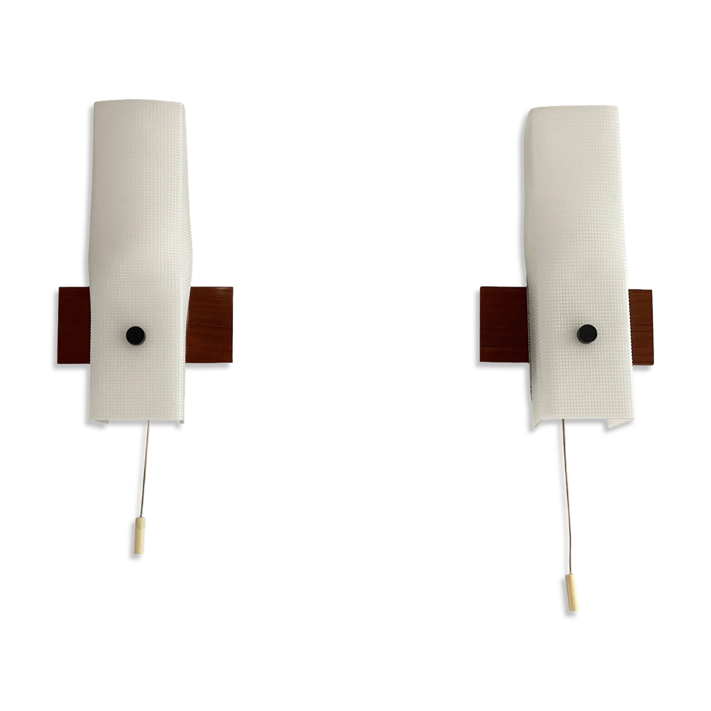 Mid-century wall lights in white plexiglass with a wooden base, 1960s, Germany.
