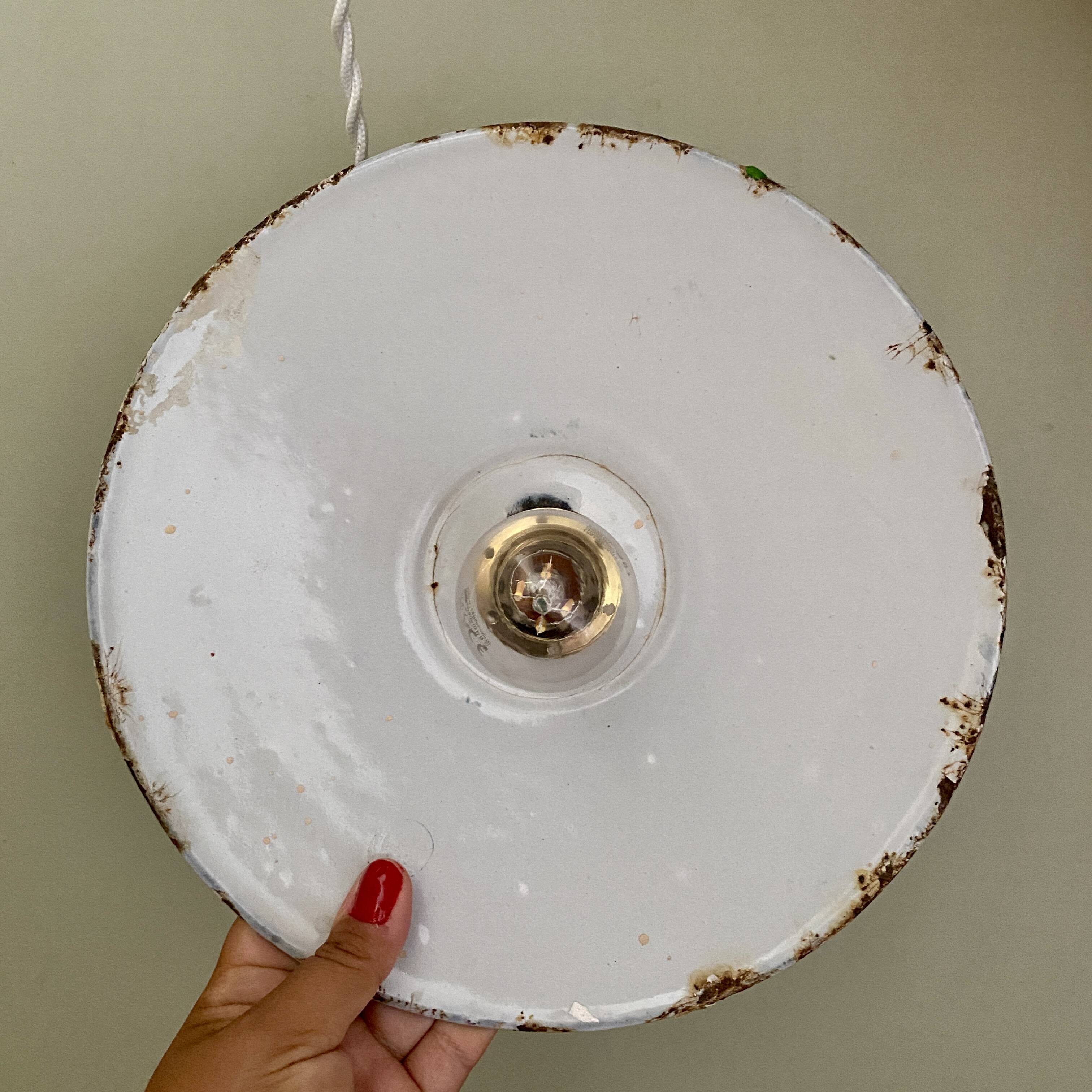 Vintage lampshade pendant light in green enameled sheet metal