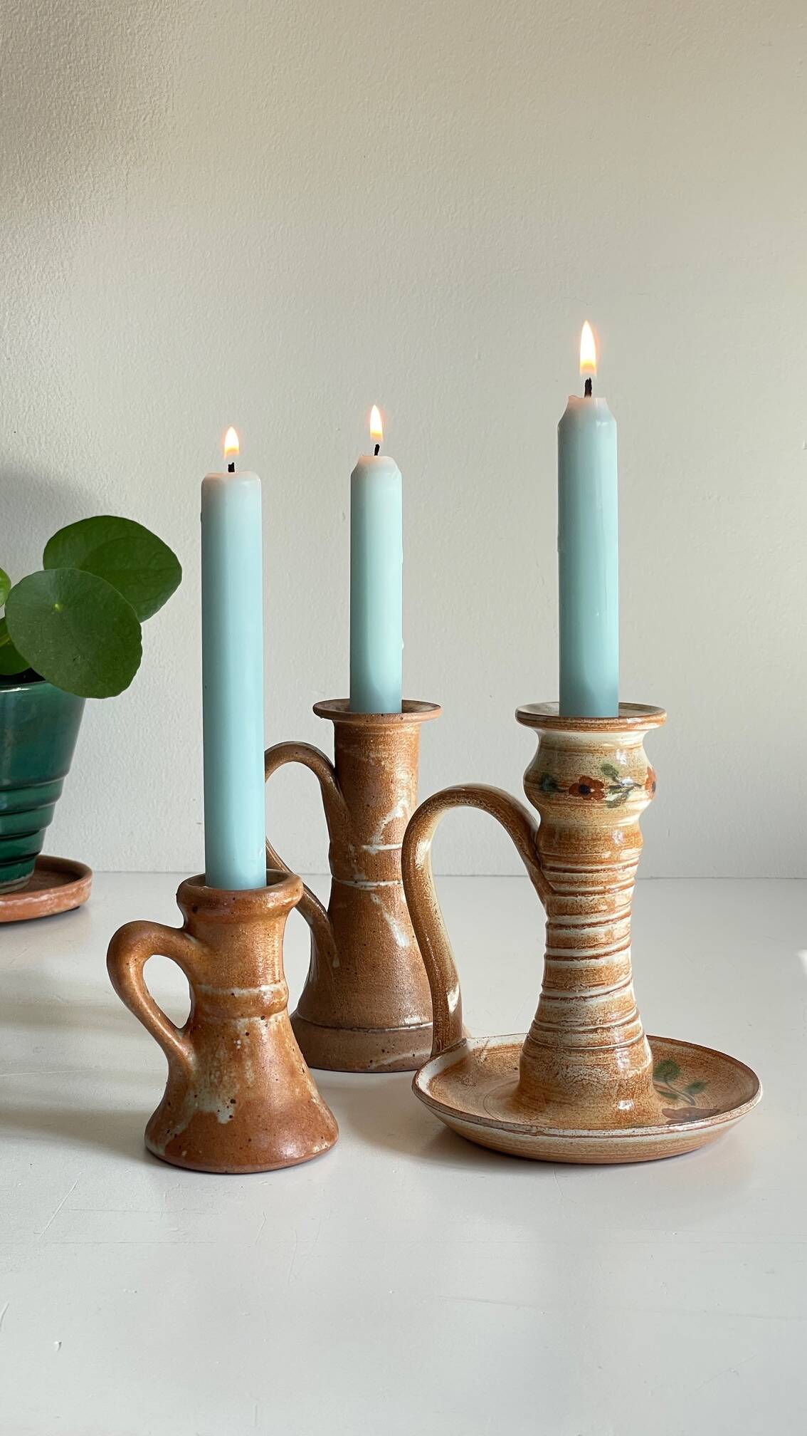 3 vintage handcrafted pottery candle holders