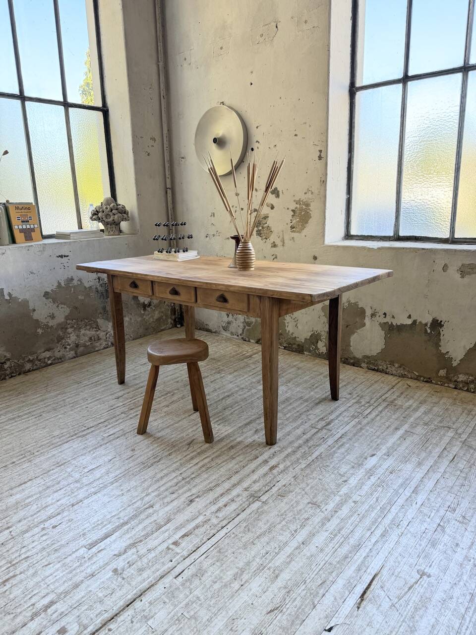 1950s pine and oak farmhouse table with multiple drawers