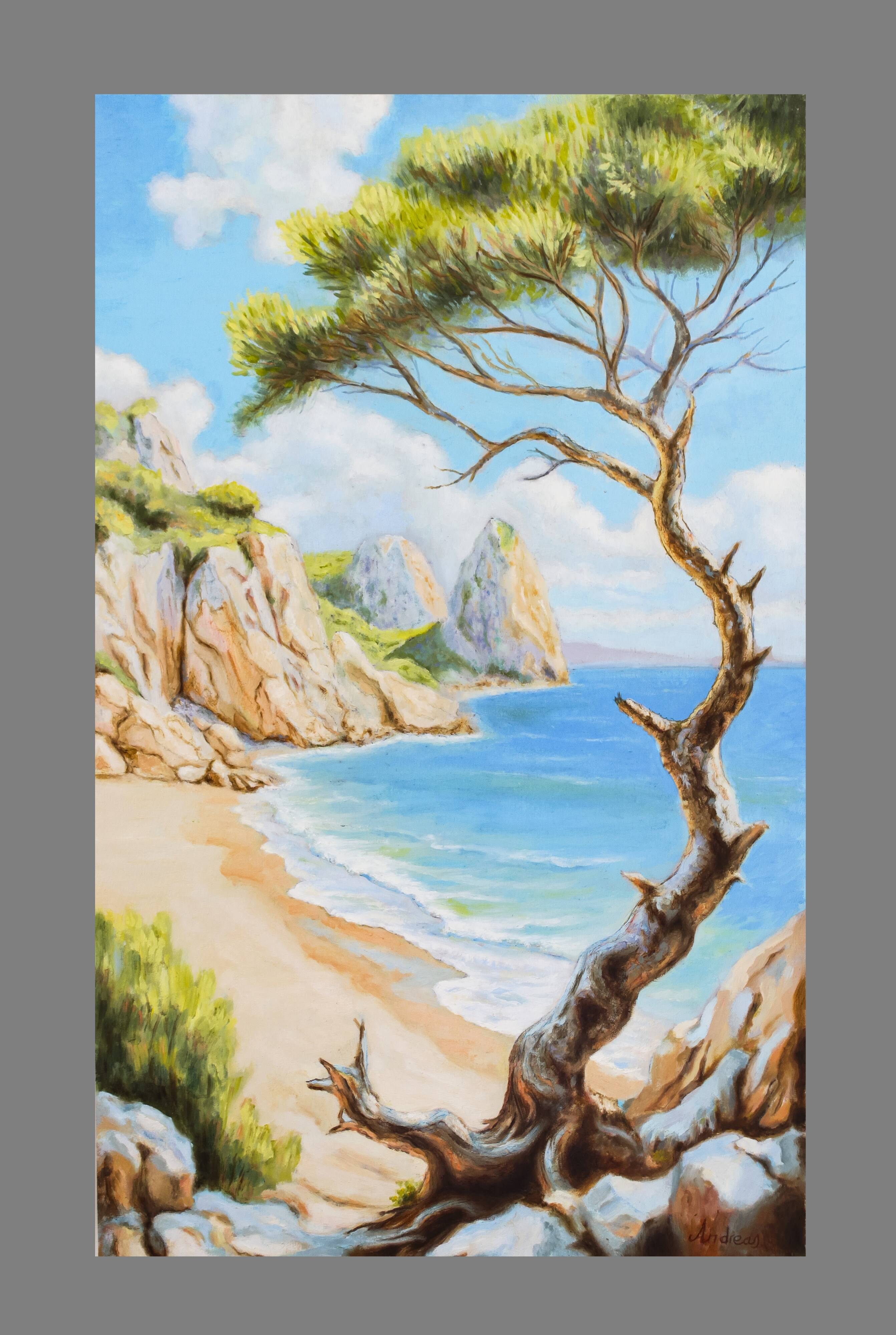 Oil painting of a beach signed. Sea in oil signed. Painting of a beach.