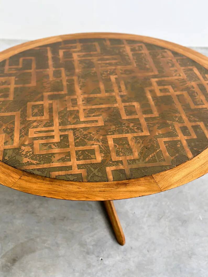Vintage Wooden Coffee Table with Engraved Brass Top – 1970s