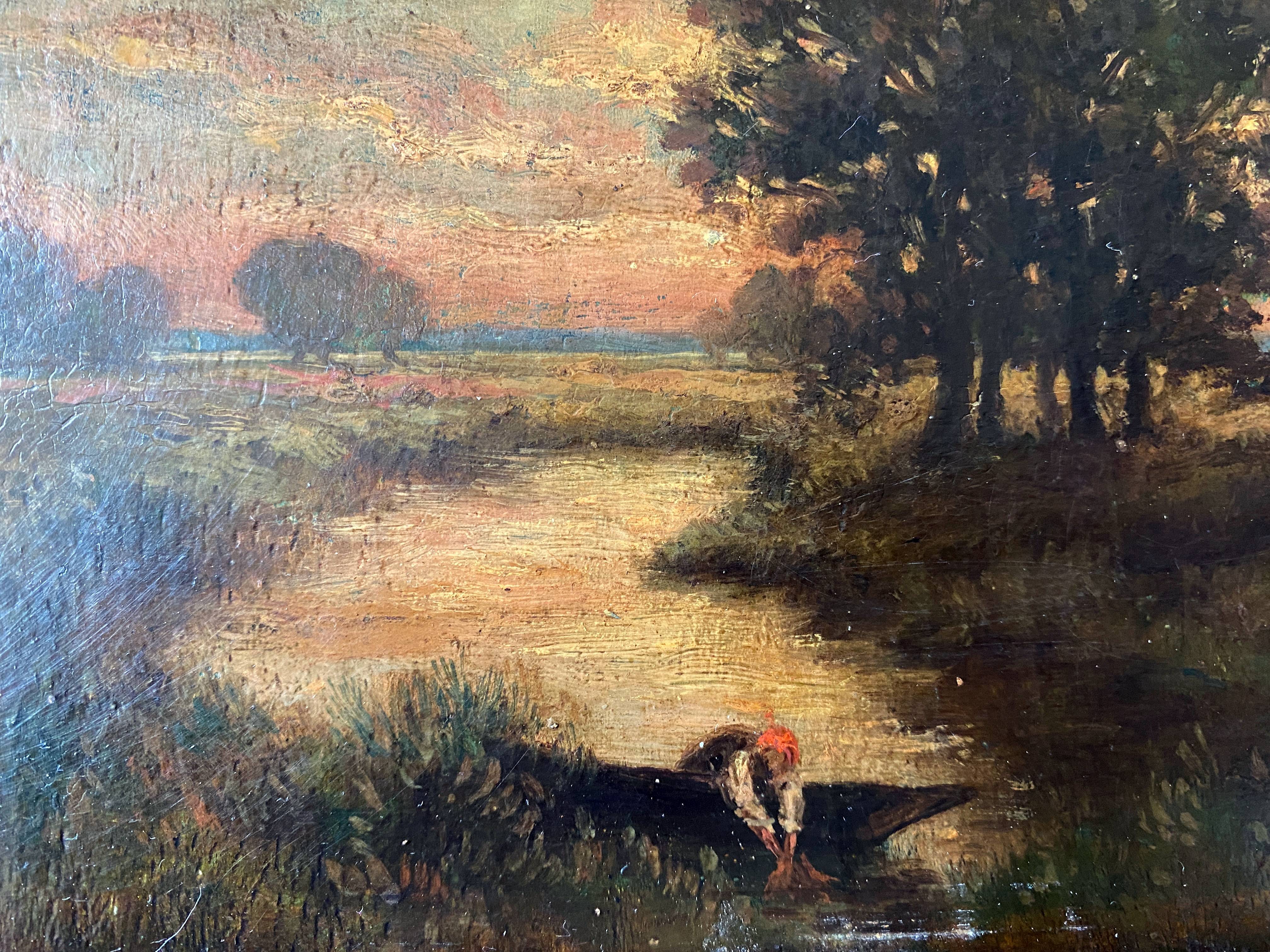 Painting "Landscape with washerwoman" cf. Théodore Rousseau XIX° + frame