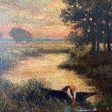 Painting "Landscape with washerwoman" cf. Théodore Rousseau XIX° + frame