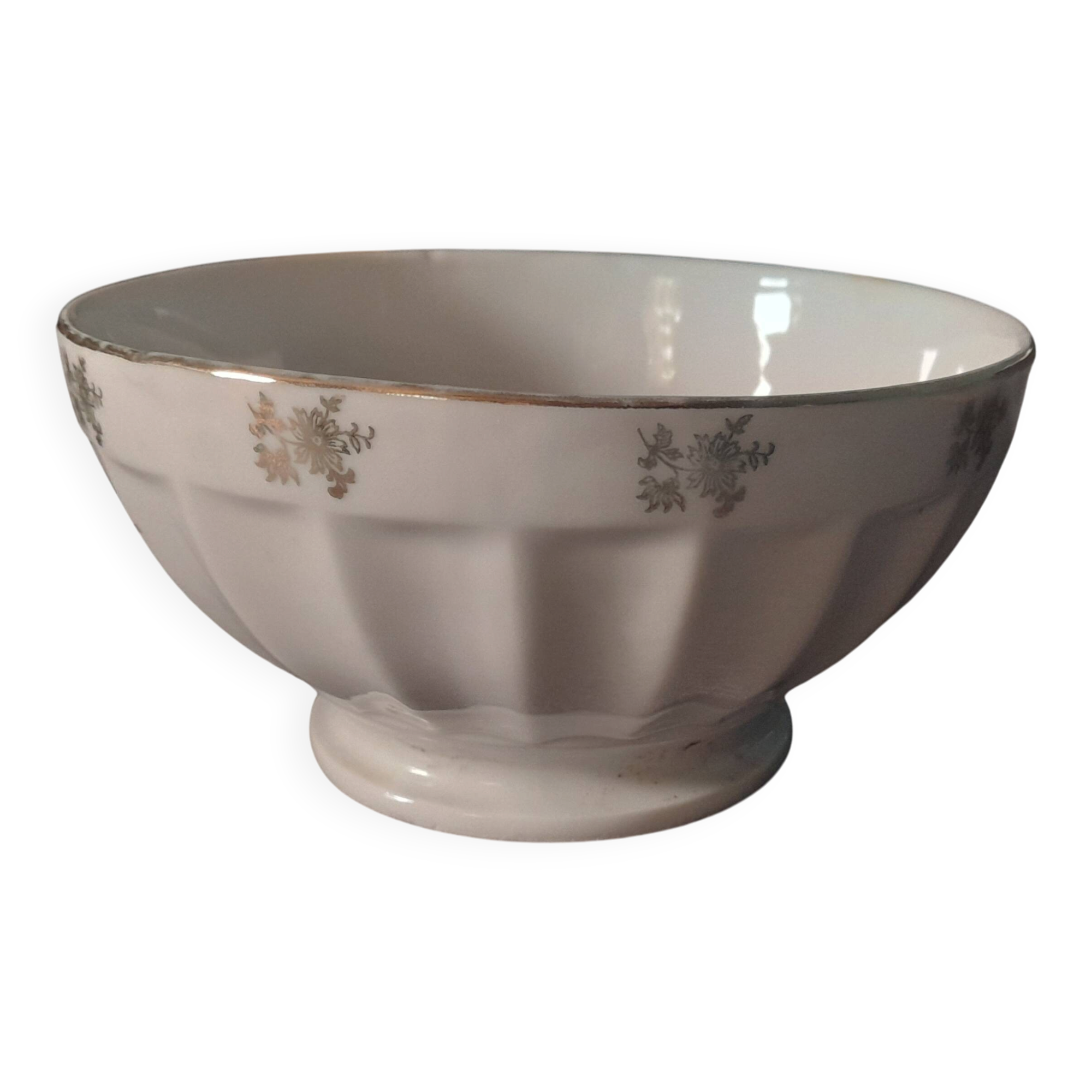 White earthenware bowl with decorative flowers