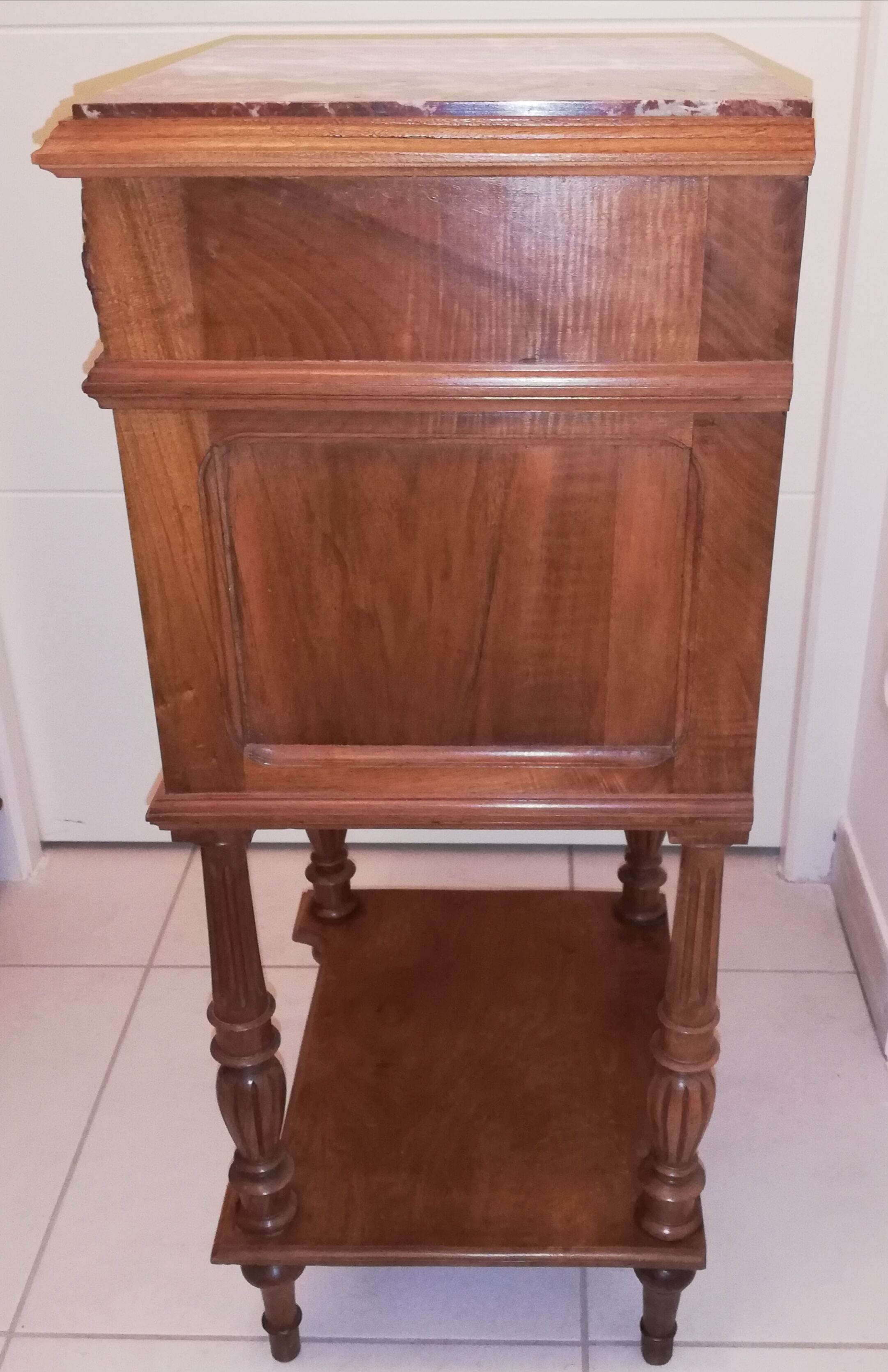 Louis XVI style bedside with marble top and carved door