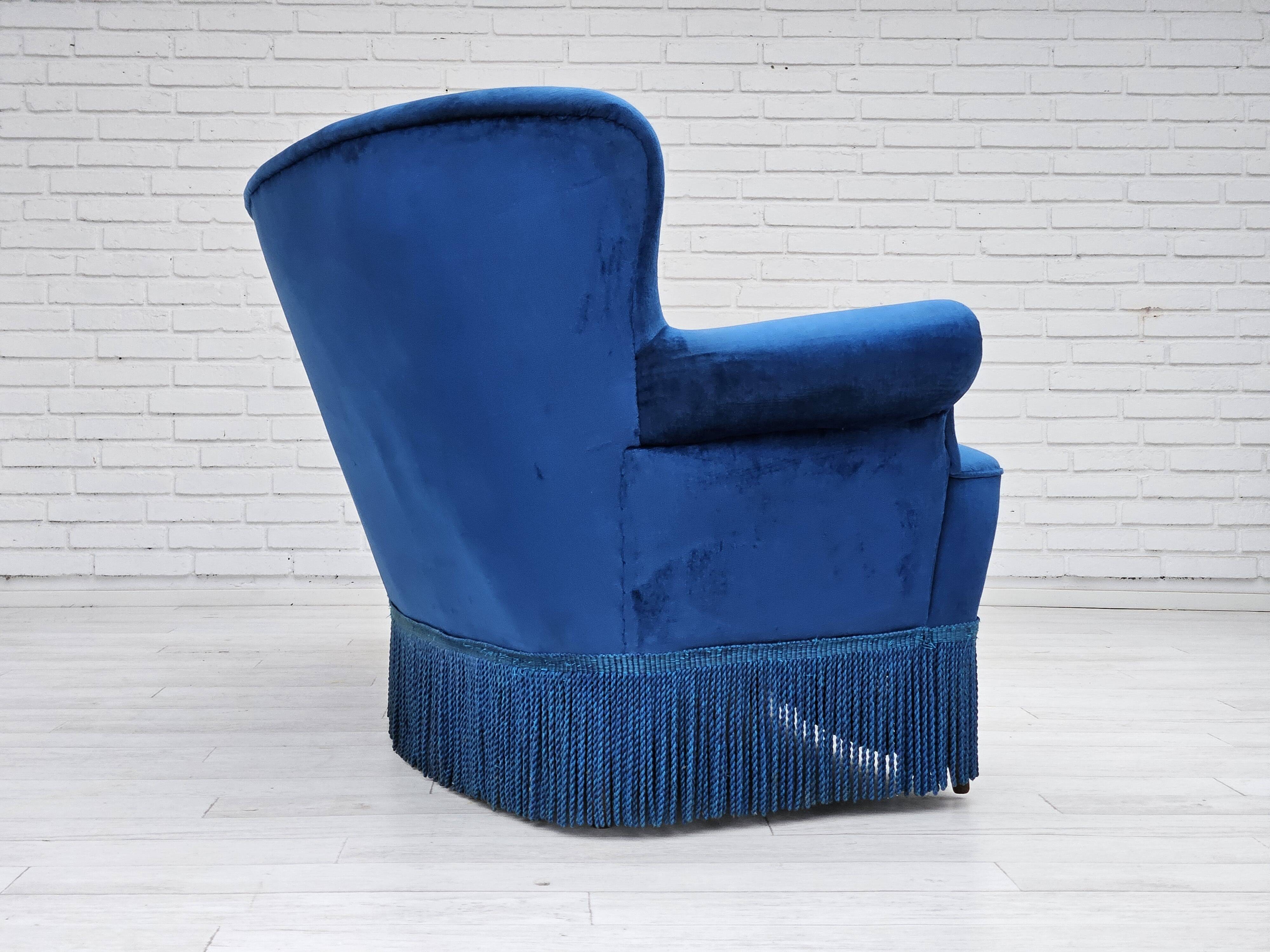 1960s, Danish 3-seater curved sofa, blue furniture velour, beech wood legs.