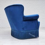 1960s, Danish 3-seater curved sofa, blue furniture velour, beech wood legs.