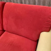 Art Deco 3-seater convertible sofa in genuine beige leather and red fabric from the 1980s.