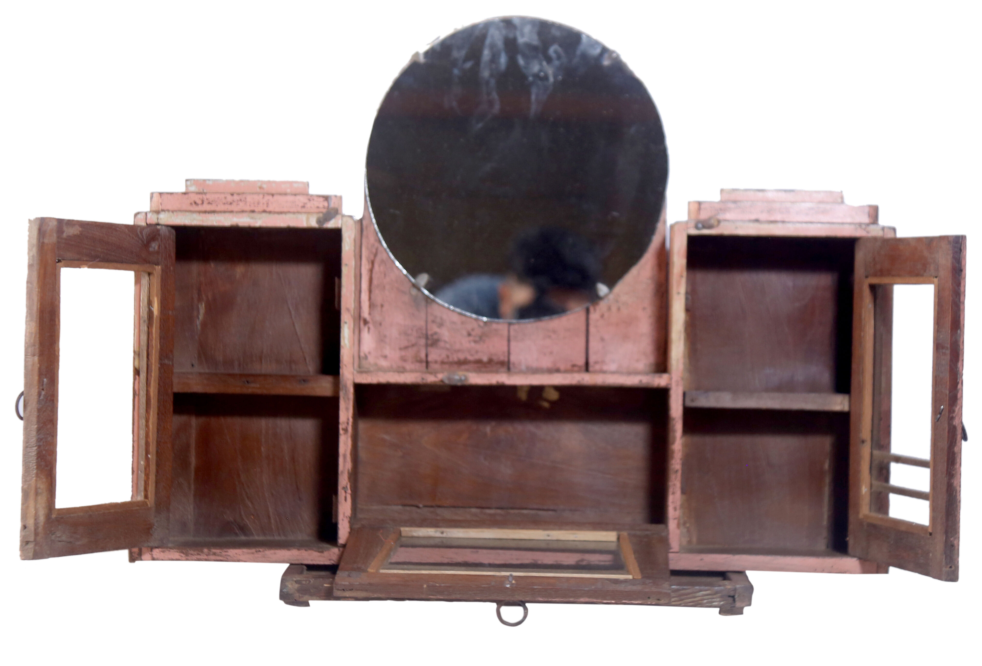 Tryptic wall shelf in ancient Burmese teak with round mirror
