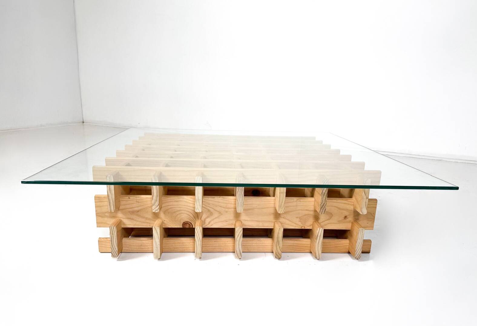 Mid-Century Modern Italian Coffee Table, Wooden Grid and Glass, 1960s