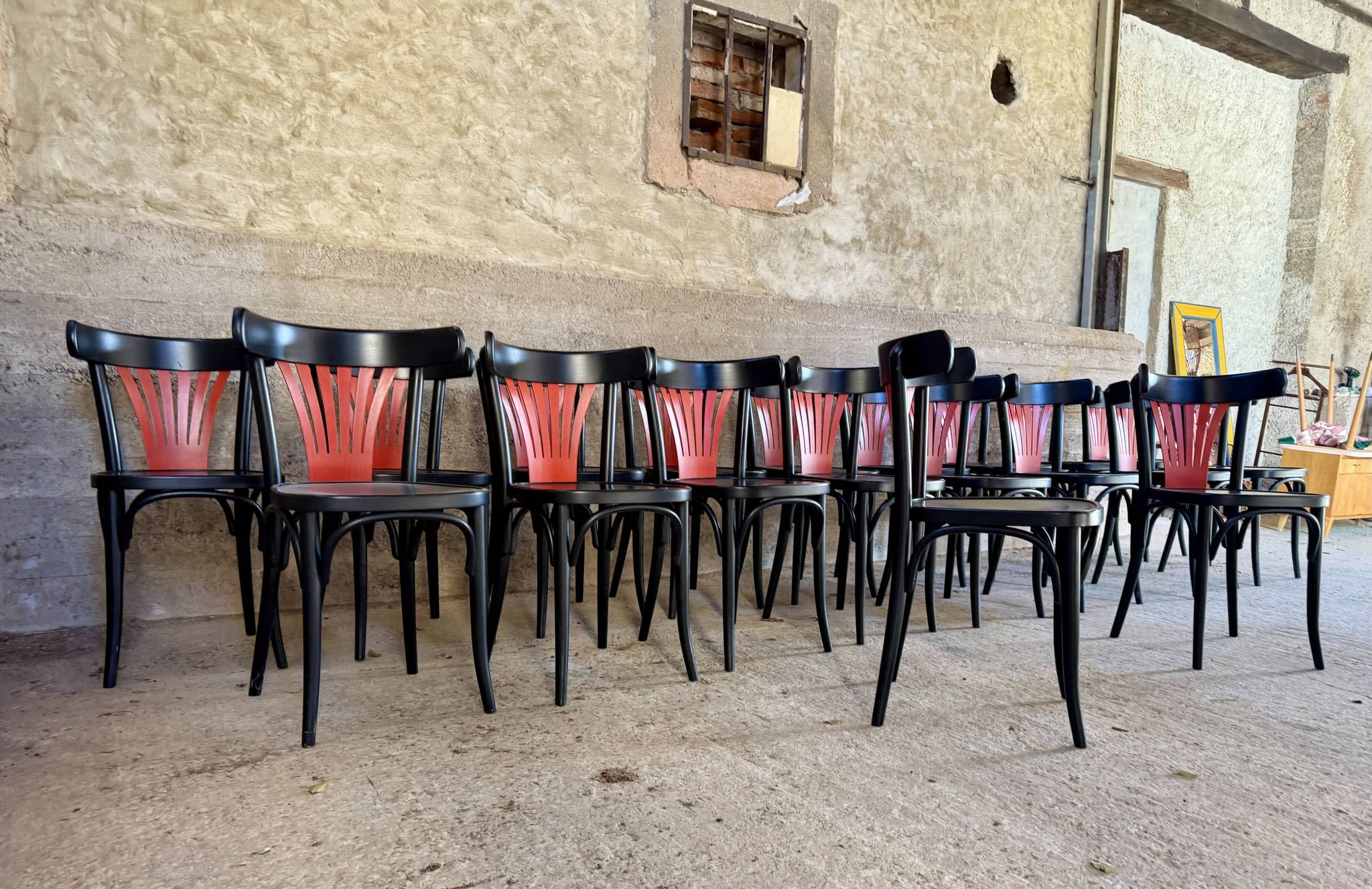 Set of 27 black and red bistro chairs – All wood