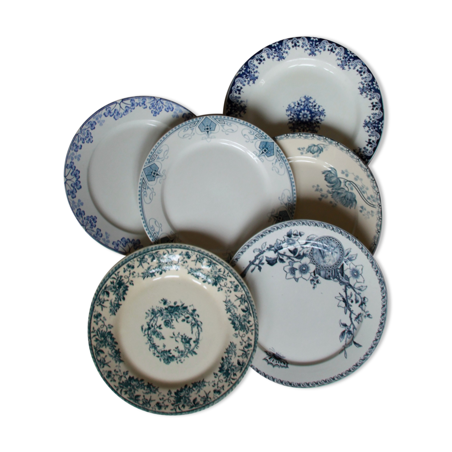 Set of 6 mismatched iron earth plates Sarreguemines Gien Royat Germaine Vichy