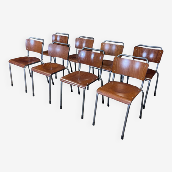 Set of 8 Gispen chairs in honey wood and gray steel, Netherlands, 1970s