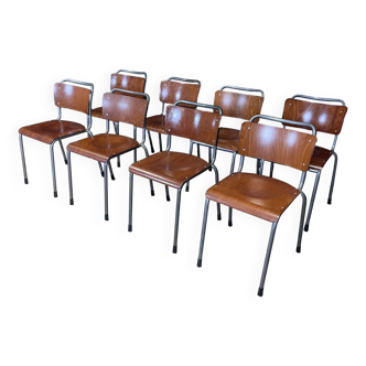 Set of 8 Gispen chairs in honey wood and gray steel, Netherlands, 1970s