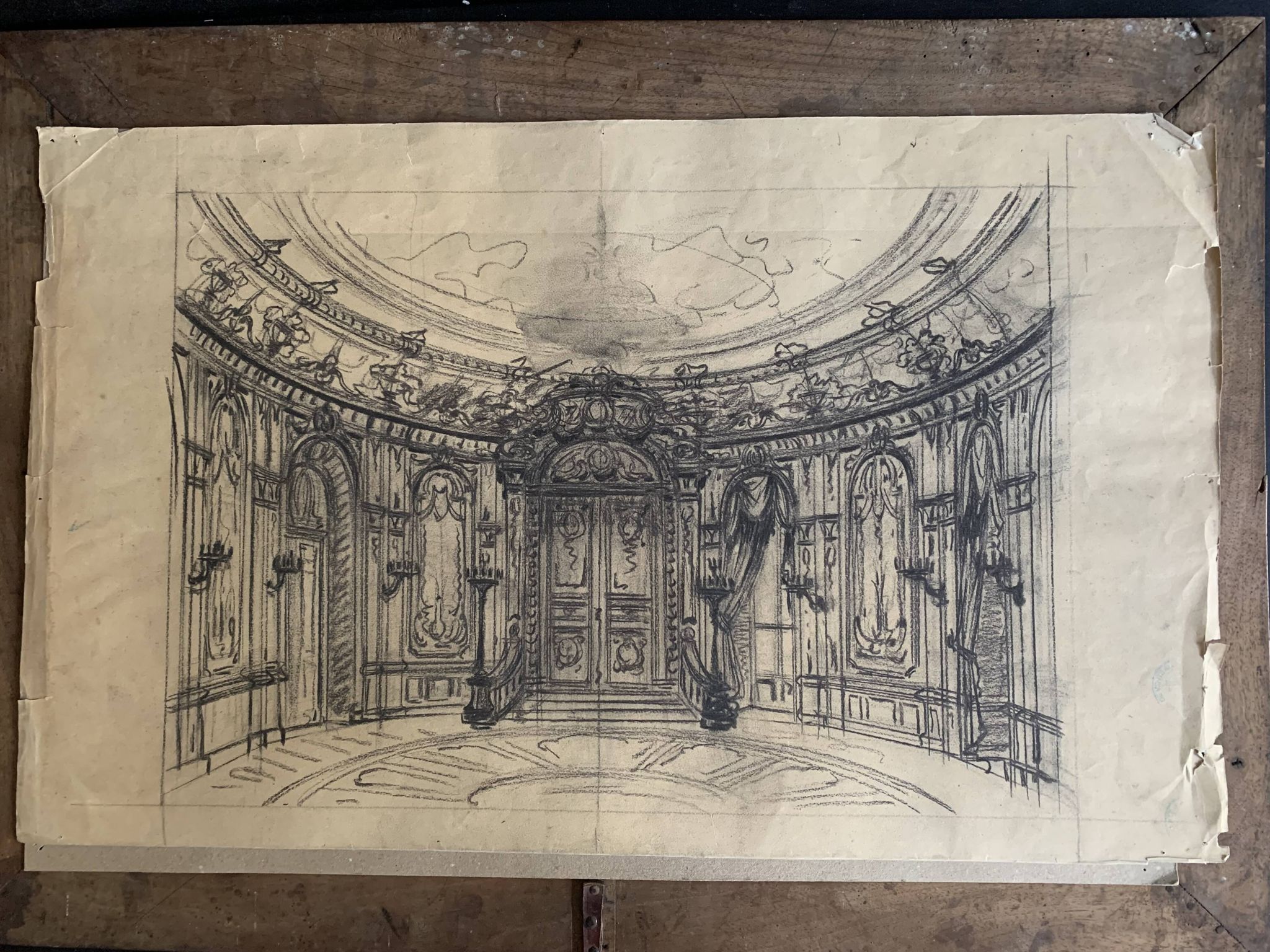 Salon parisien du 19e siècle, grand dessin original encadré