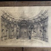 Salon parisien du 19e siècle, grand dessin original encadré