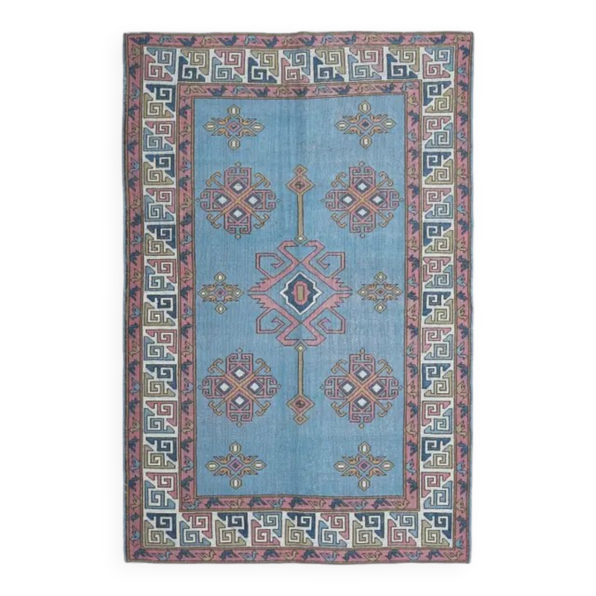 Vintage Turkish hand-knotted wool cotton blue area rug 170x259