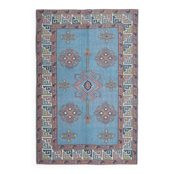 Vintage Turkish hand-knotted wool cotton blue area rug 170x259