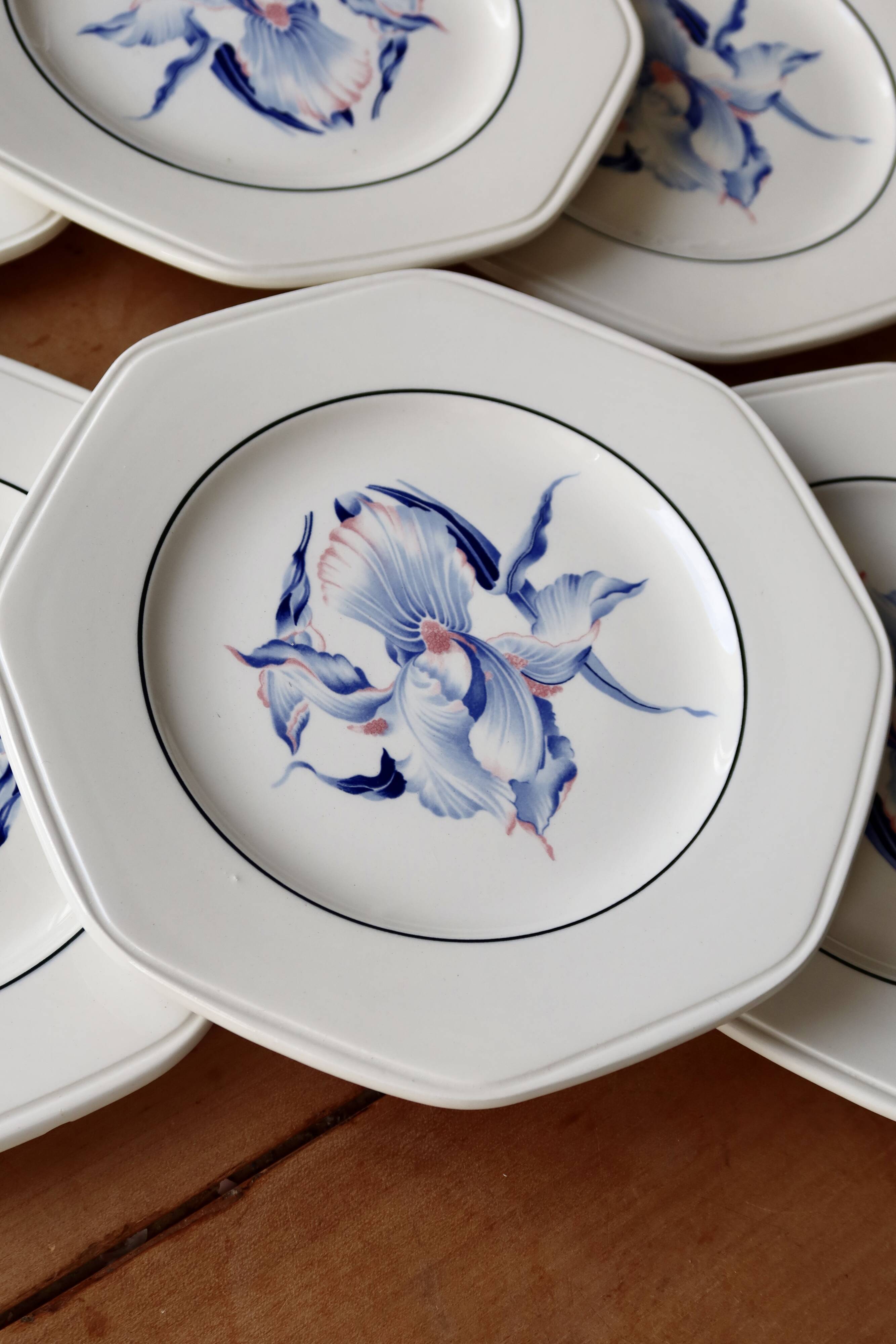6 vintage dessert plates earthenware Moulin des Loups - Iris pattern
