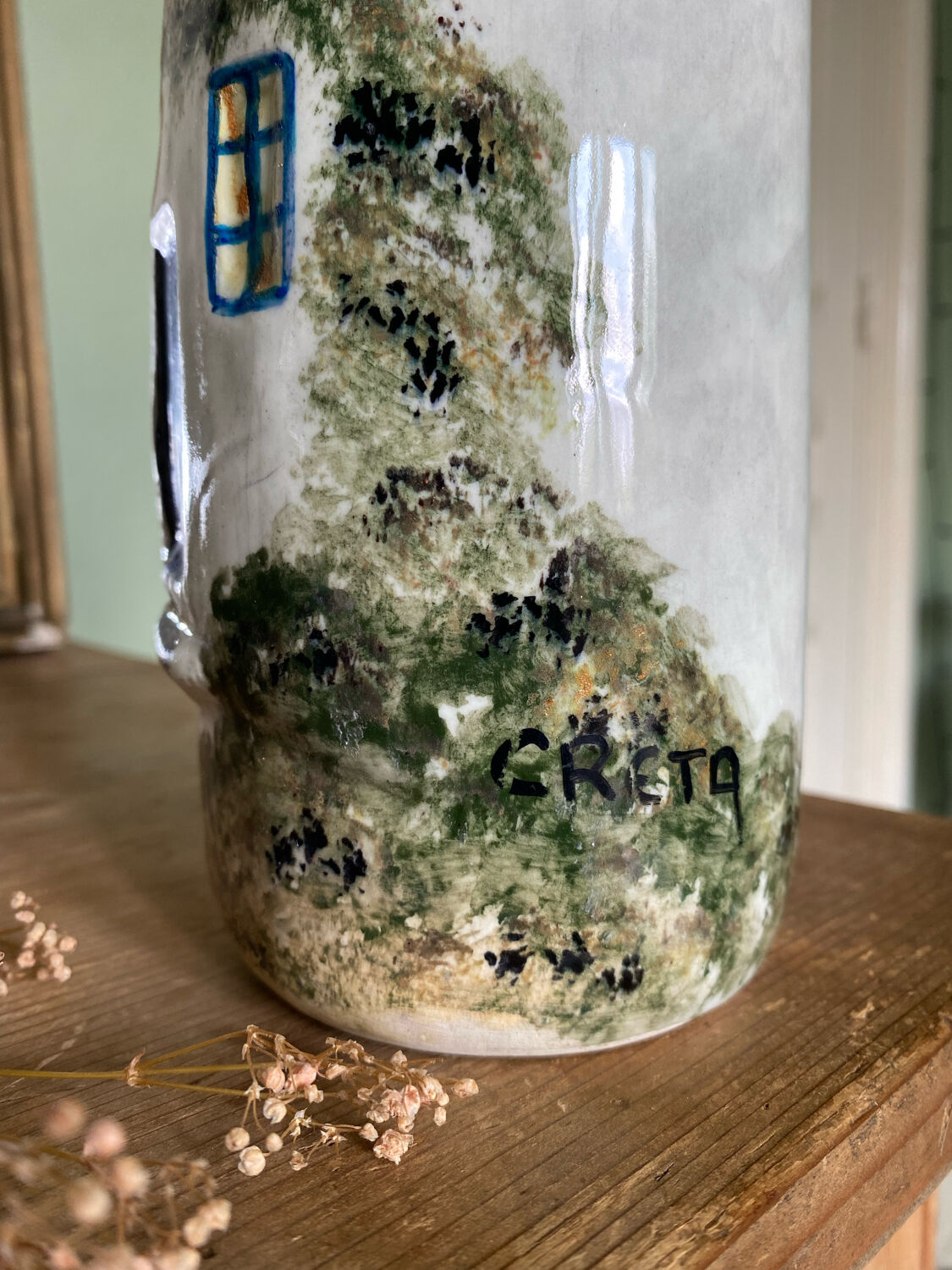 Handcrafted ceramic vase village scene Crete 70s