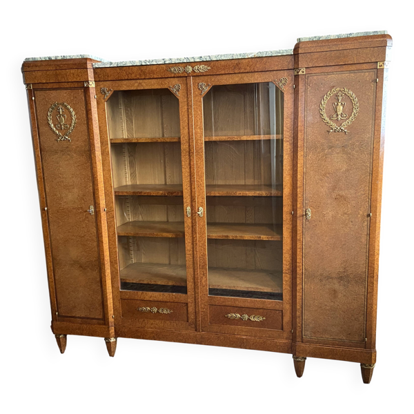 Bibliothèque vitrine style Néo classique 1930 ronce de noyer et bronze