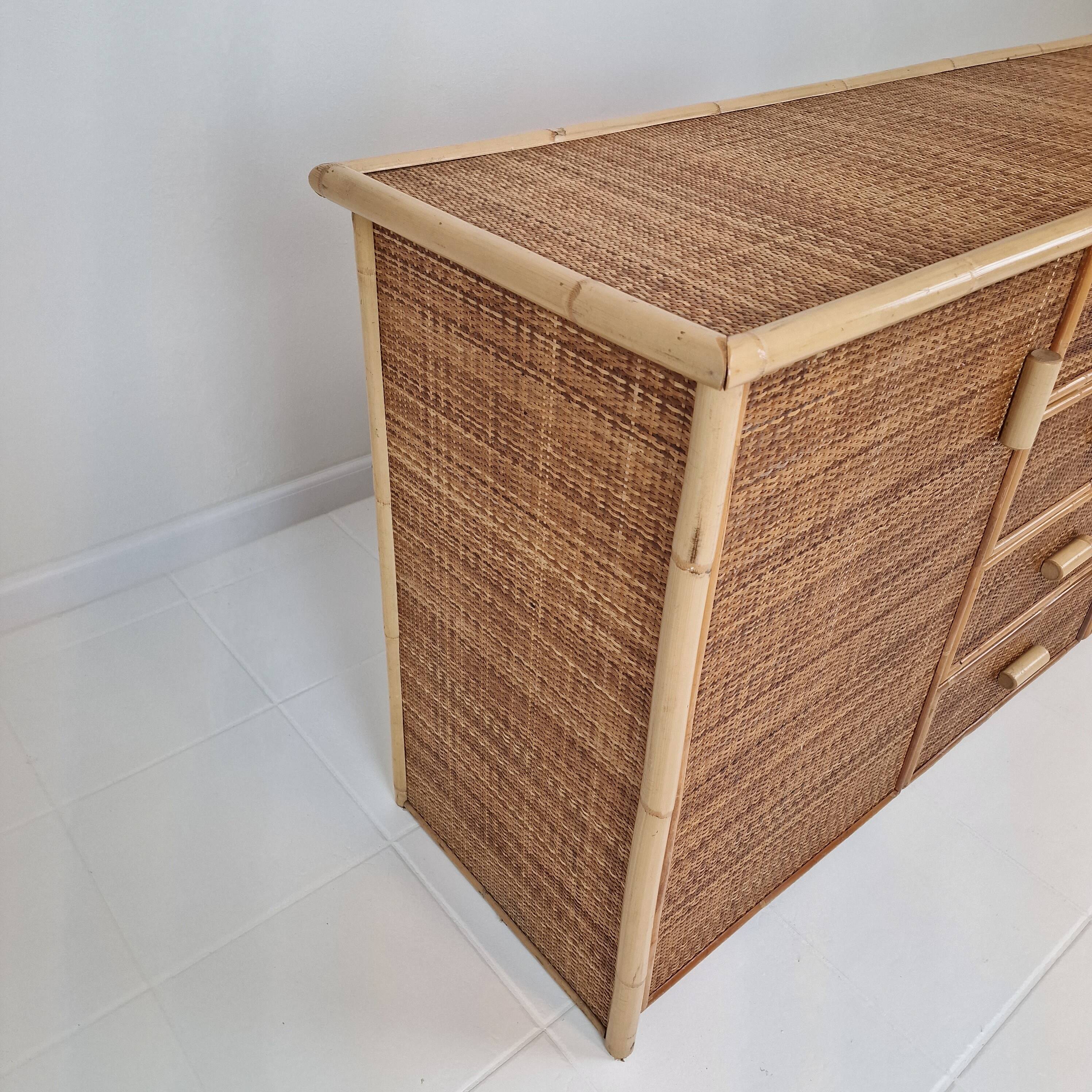 Italian Bamboo and Rattan Chest of Drawers or Credenza, 1980s