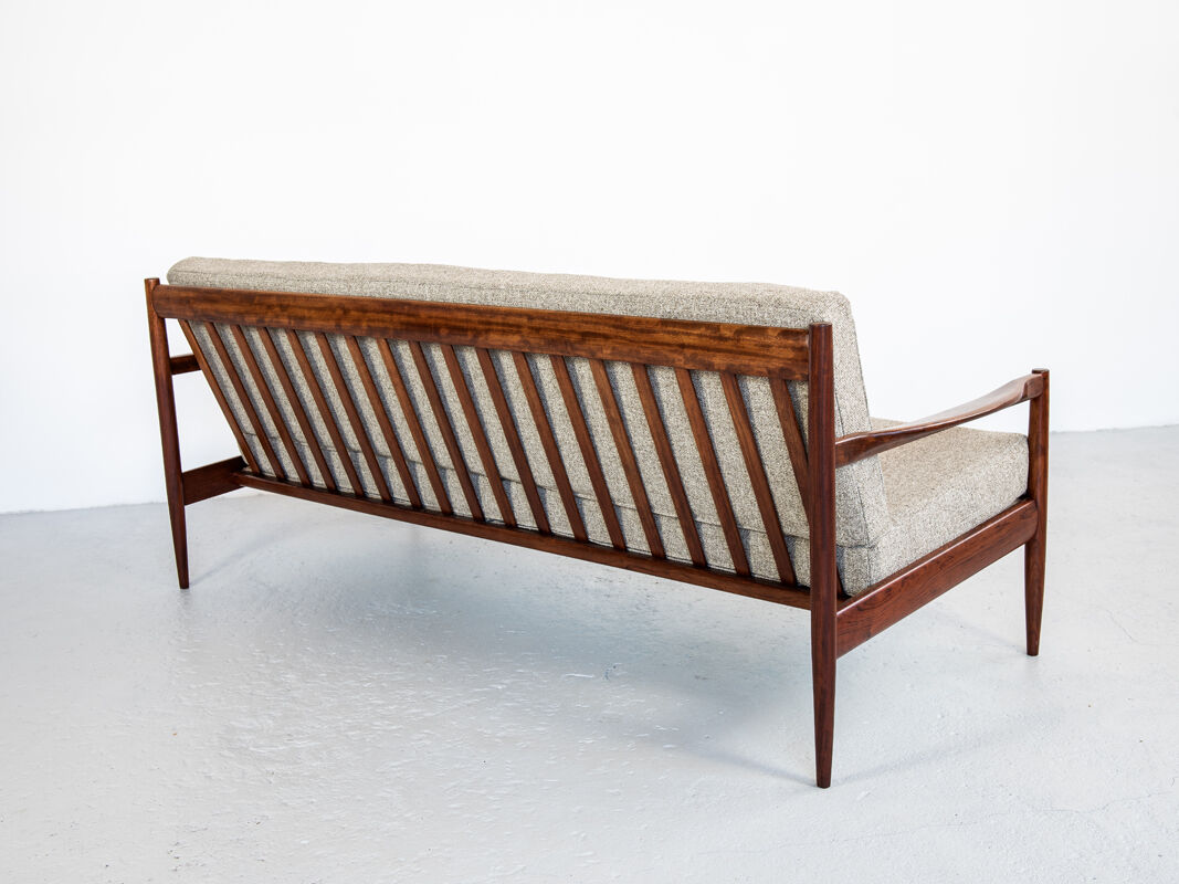 Sofa and armchairs set in walnut and fabric, 1960s