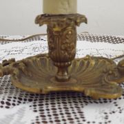 Pair Vintage French Bronze Candlestick Lamps Pleated Fabric Shades
