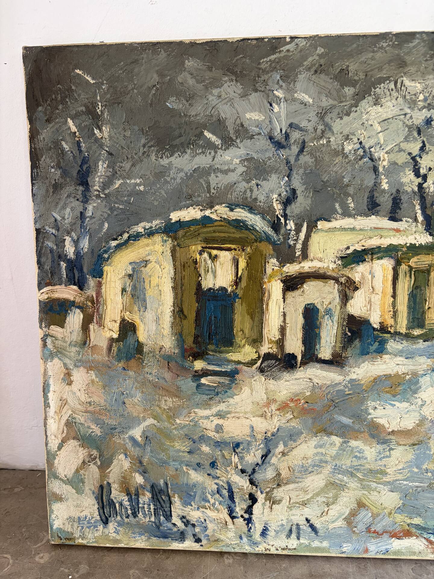 Snowy village, knife oil, signed