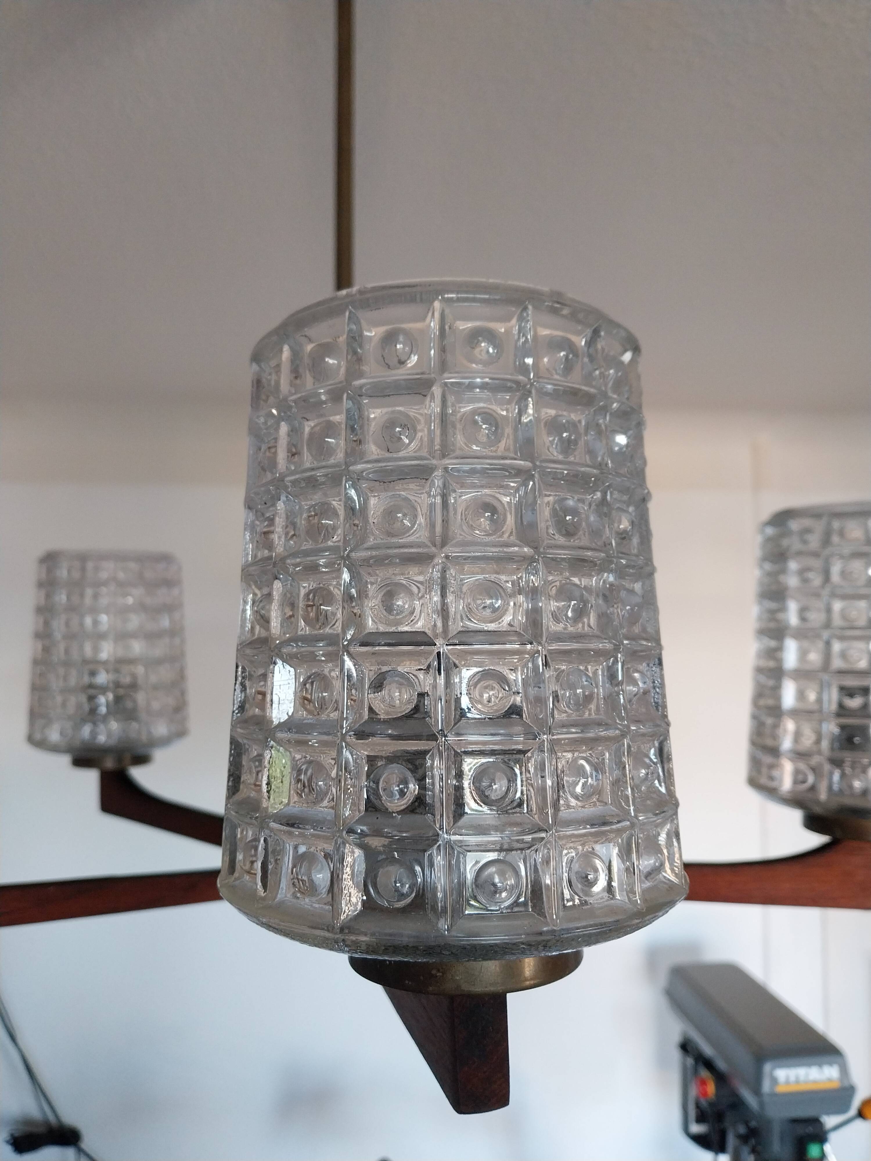 Chandelier with 5 branches in teak and brass, Scandinavian design.