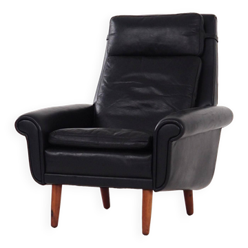 Black leather armchair, Danish design, 1970s, production: Denmark