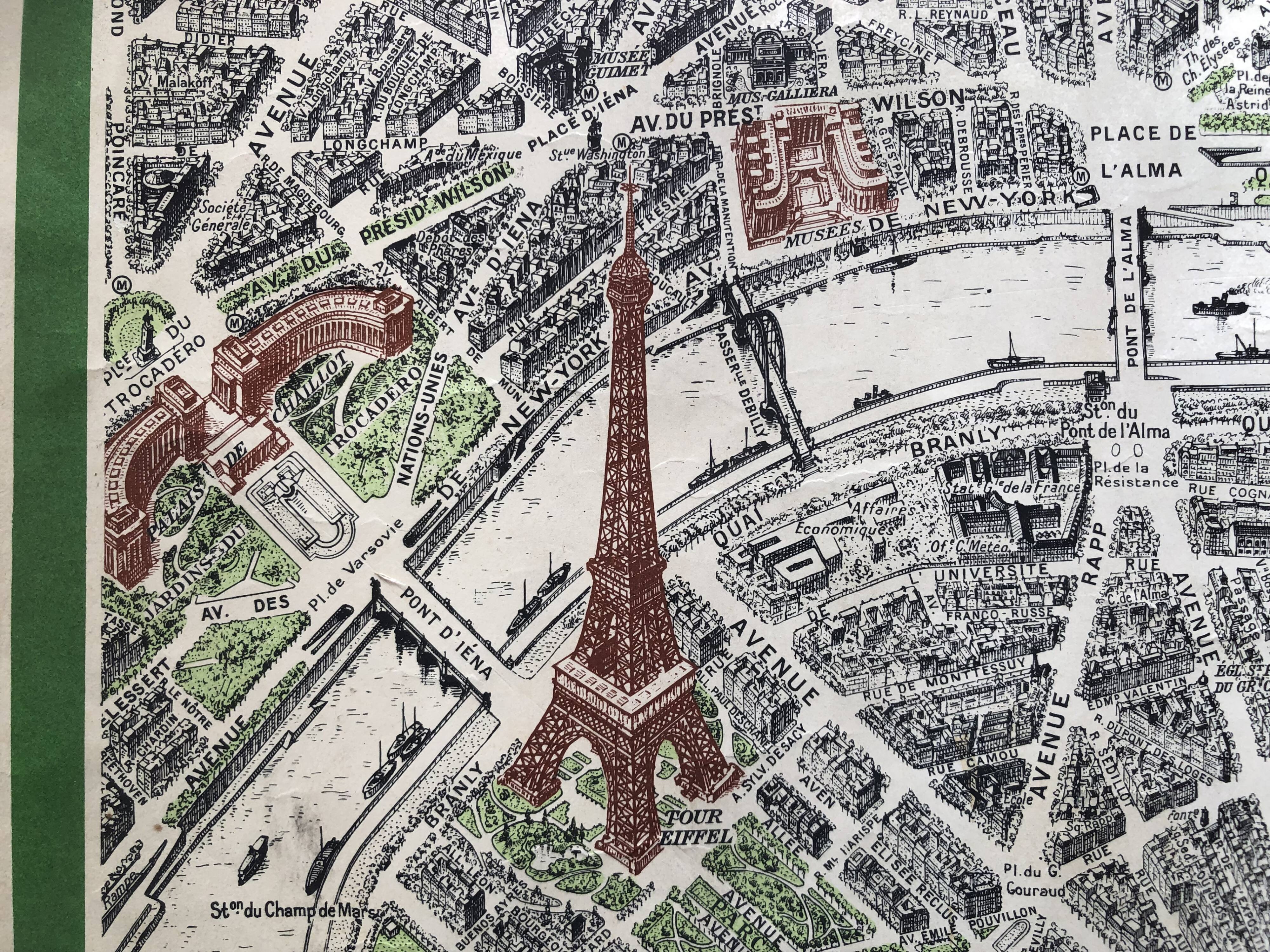 1959 map view of the center of paris from a bird's eye, n° 63 blondel la rougery, tourism commission
