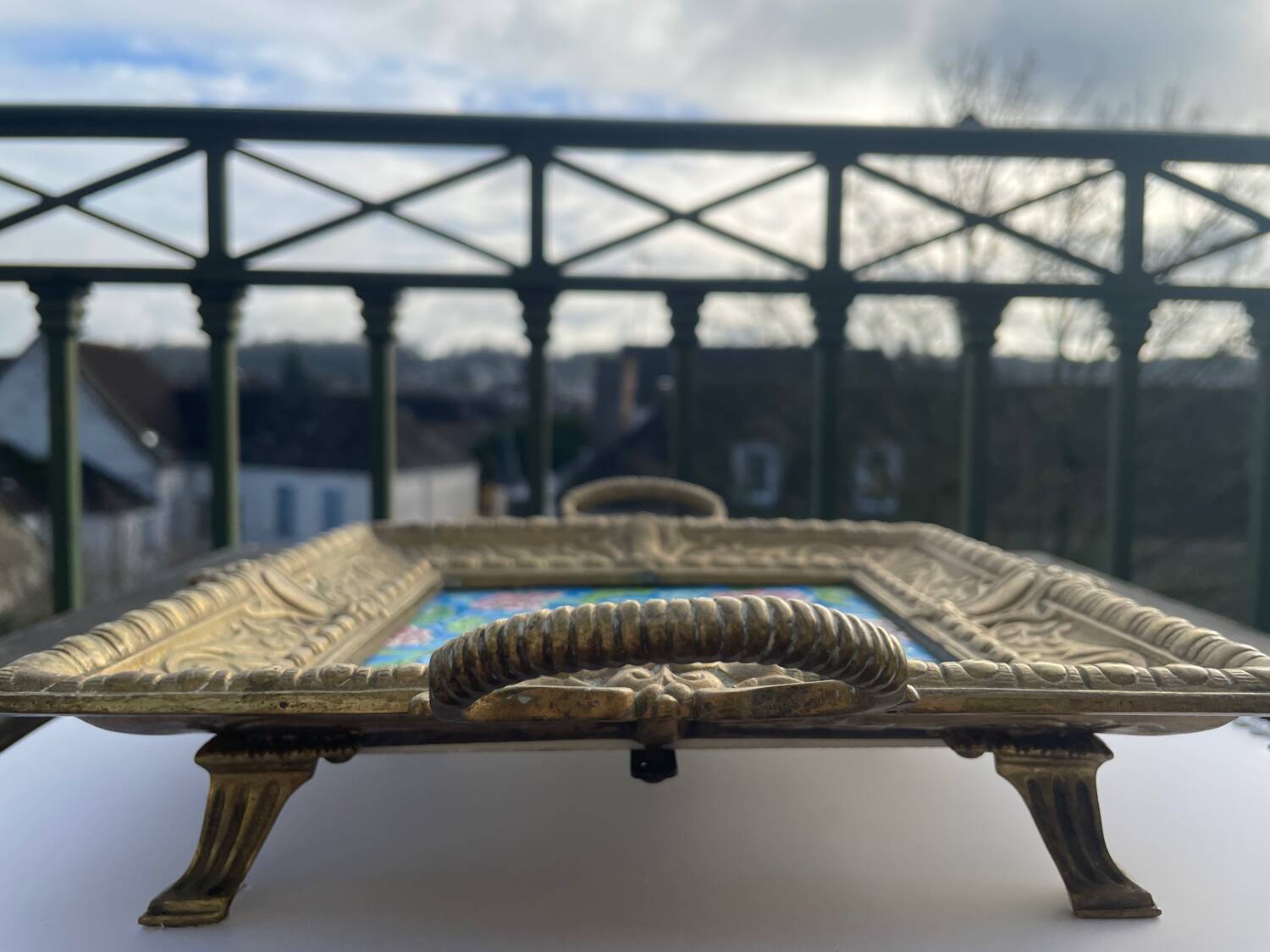 Antique bronze and faience vide-poche from Gien.