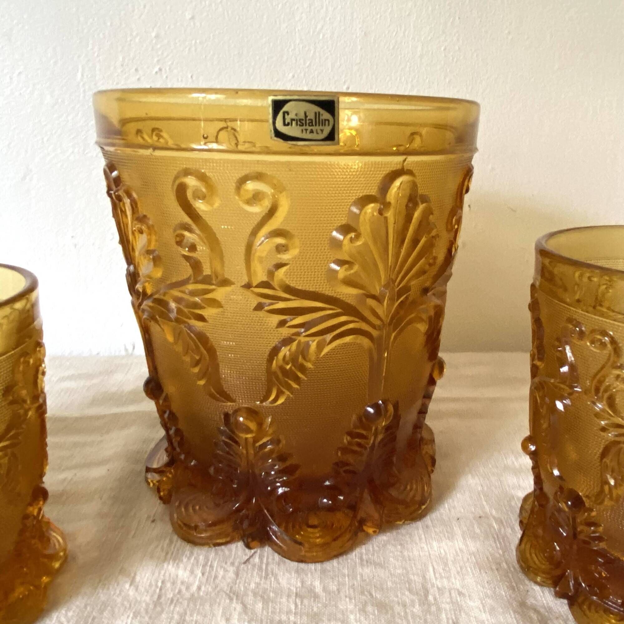 Glasses and ice bucket baroque style amber glass Italy 70s