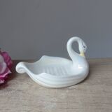Soap holder or swan trinket in vintage iridescent white ceramic, swan sponge holder, jewelry holder
