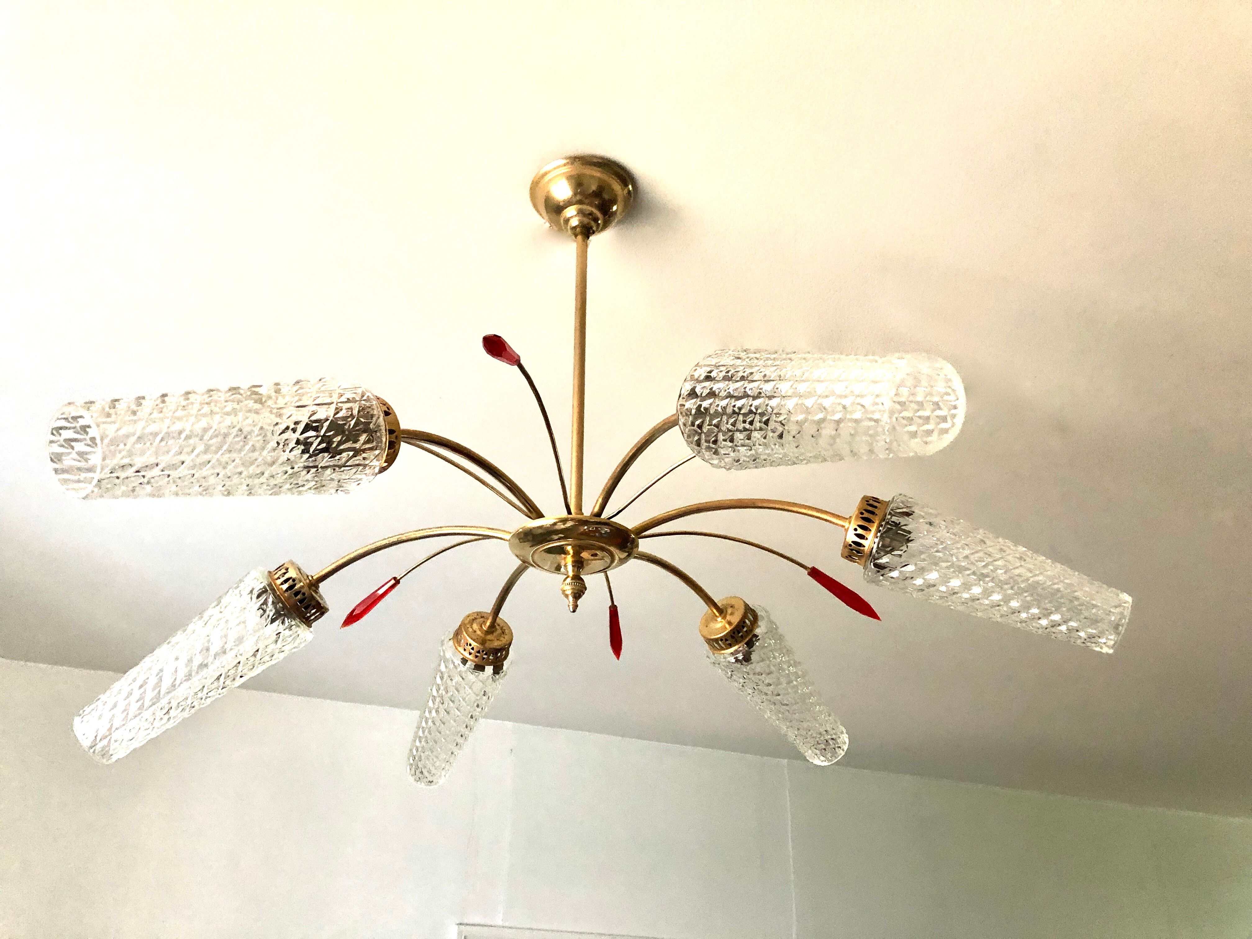 Golden brass chandelier 6 tulips red diamond tips 1950