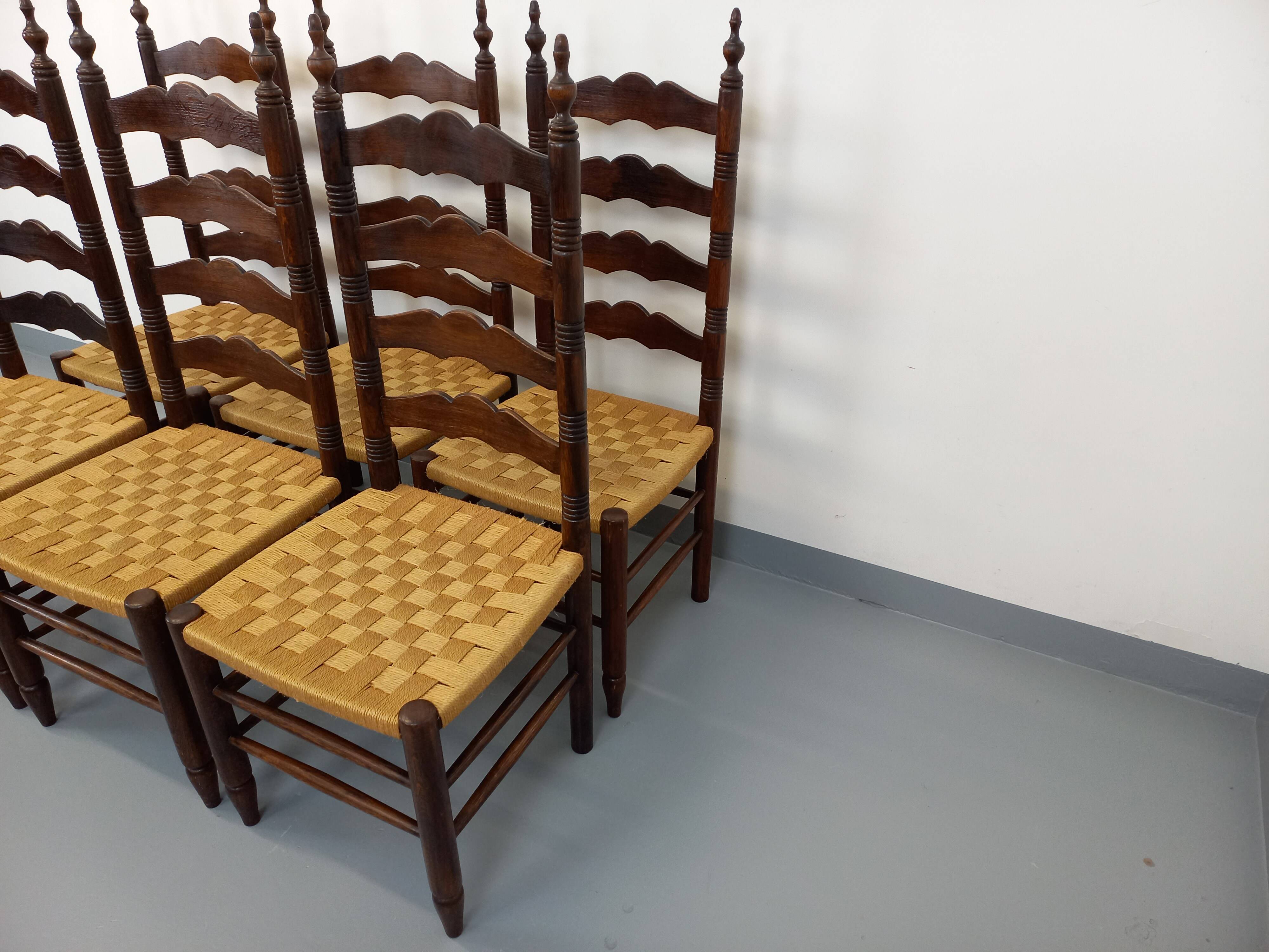 Set of 6 vintage Arts & Crafts chairs in Antonio Calligaris style in rope oak wood from the 50s