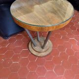 Small wooden and chrome pedestal table from the 1930s with a glass
