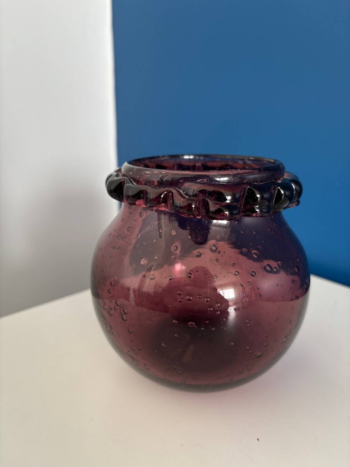 small purple ball vase in vintage bubbled glass signed biot