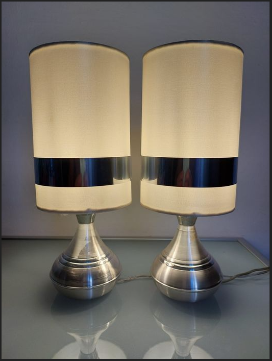 Pair of space-age lamps in aluminum and fabric from the 1970s - 1980s