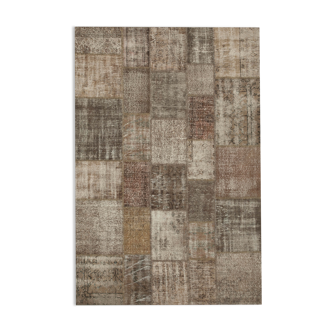Hand-knotted turkish vintage 203 cm x 303 cm brown patchwork rug