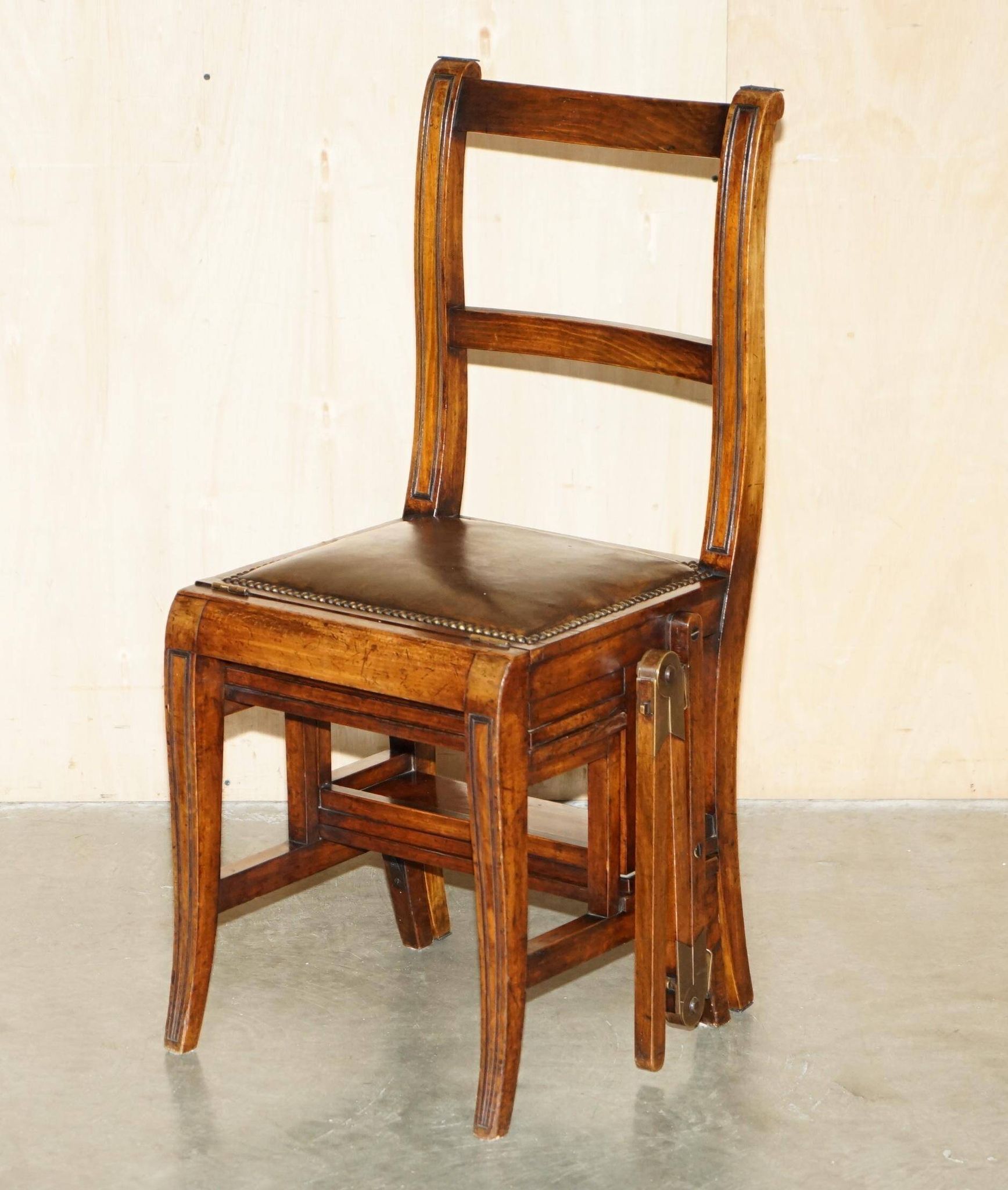 Victorian library chair, convertible, hardwood, leather, brass, circa 1880.