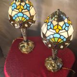 Pair of bronze and pewter lamps from 1900 to 30, glass paste lampshade 44x15