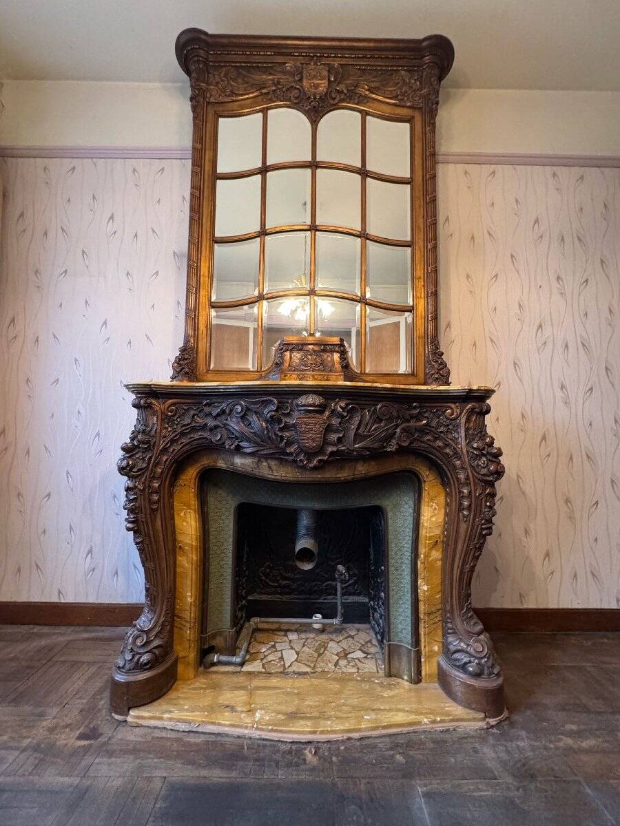 Impressive Fireplace And Its Trumeau In Carved Wood Underlined With Marble
