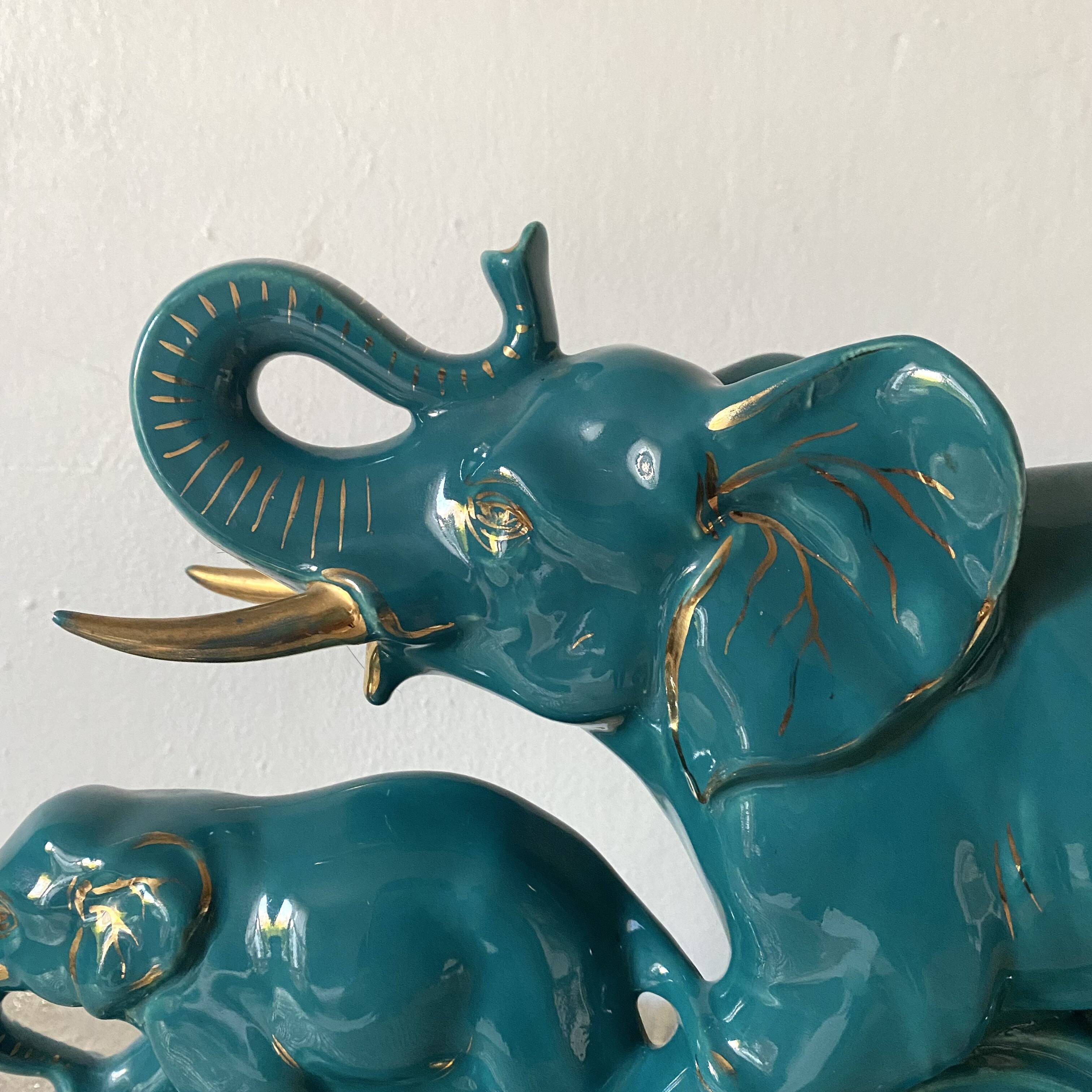 Turquoise and gold art deco ceramic elephants