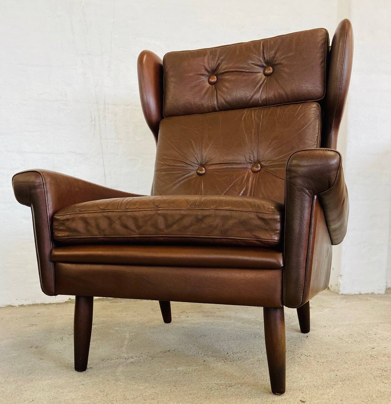 Vintage danish retro mid-century svend skipper cognac leather chair & stool 60s